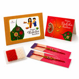 Designer rakhi gift hamper featuring a red and gold rakhi with intricate beadwork and central decorative motif