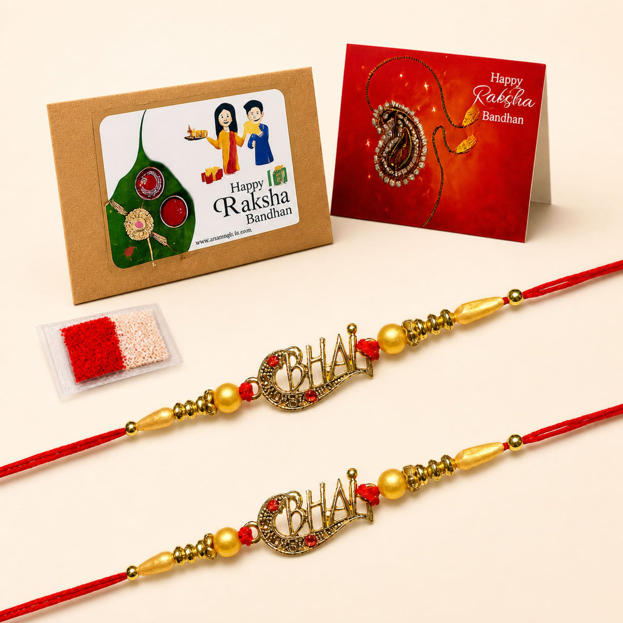 Gold-colored bhai letter charms with red and gold beads on vibrant red threads in designer rakhi bracelet set