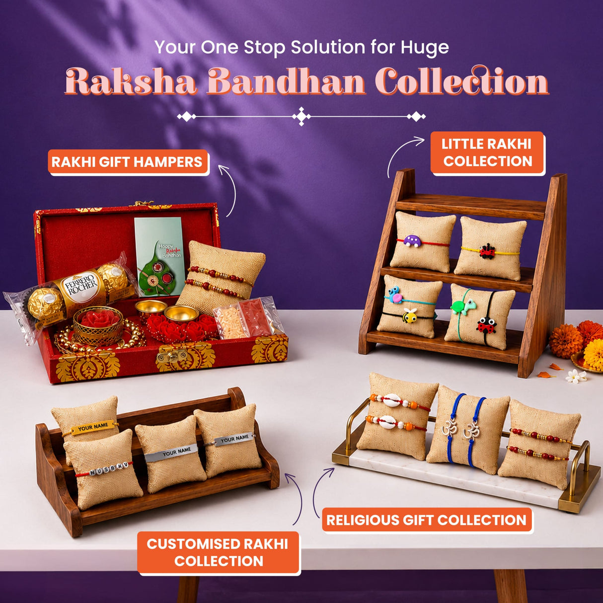 Red ornate gift hamper with gold foil chocolates red patterned bowls and burlap pillows for traditional raksha bandhan gift