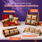 Red ornate gift hamper with gold foil chocolates red patterned bowls and burlap pillows for traditional raksha bandhan gift
