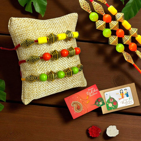 Rakhi for Brother Bhaiya Bhabhi Traditional Handmade Assorted Designer Rakhi Set Roli Chawal, Greeting Card Rakshabandhan Rakhi Bracelet Hemper Gift - LoveNspire