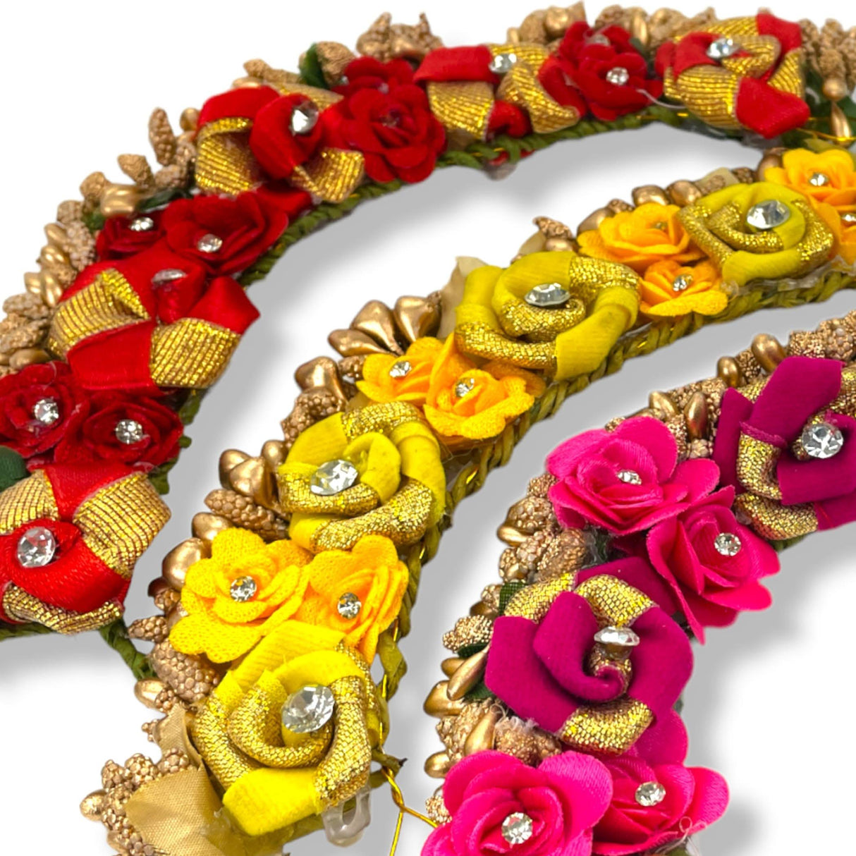 Handcrafted designer rose gajra with red yellow and pink fabric roses gold ribbon and rhinestones for bridal party wear