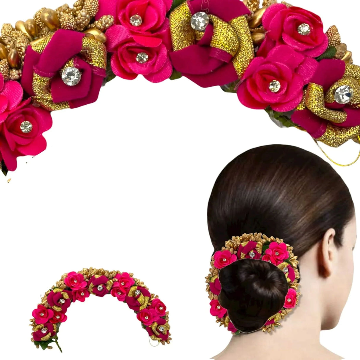 Designer rose gajra artificial flower jewelry with vibrant fuchsia and gold colors and sparkling rhinestones for party wear