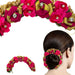 Designer rose gajra artificial flower jewelry with vibrant fuchsia and gold colors and sparkling rhinestones for party wear