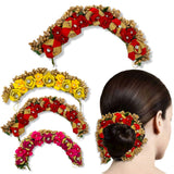 Designer rose gajra artificial flower jewelry with red yellow pink fabric flowers gold accents rhinestones for bridal mehndi