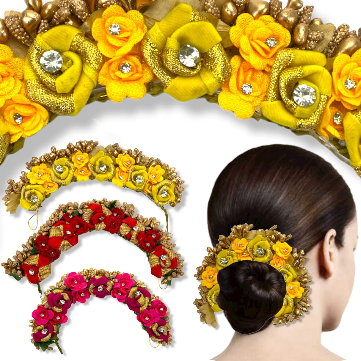 Yellow floral artificial rose gajra headpiece with gold accents and rhinestones for bridal and party wear