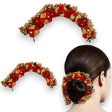 Decorative red and gold floral rhinestone hair accessory handmade for traditional Indian bridal and party wear