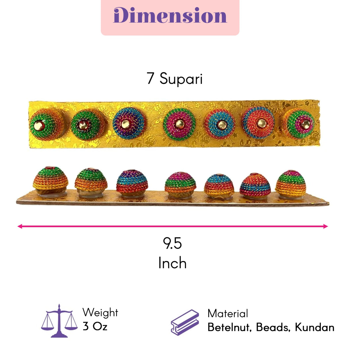 A vibrant handcrafted decorative designer supari betelnut set with seven colorful beads on an ornate golden base for pooja