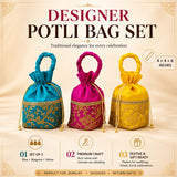 Set of three traditional Indian ethnic zari potli bags in blue, magenta, and yellow velvet with intricate detailing