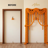 Ornate 5-string artificial orange marigold garland cascading over doorway