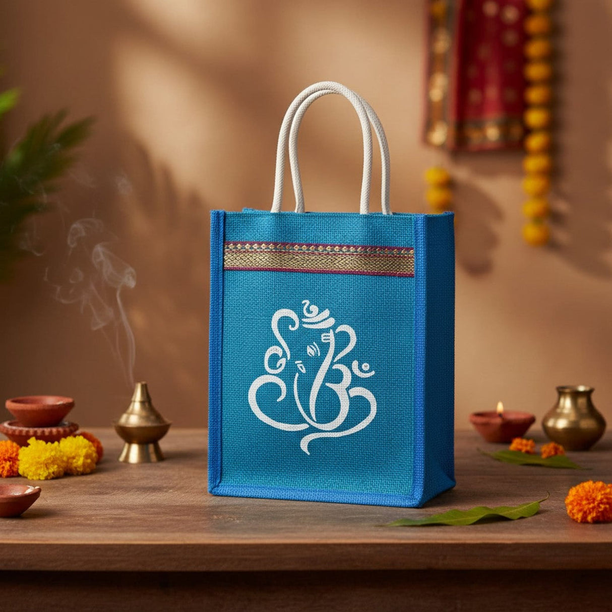 Blue jute tote bag with white Ganesha print, gold trim, eco-friendly reusable