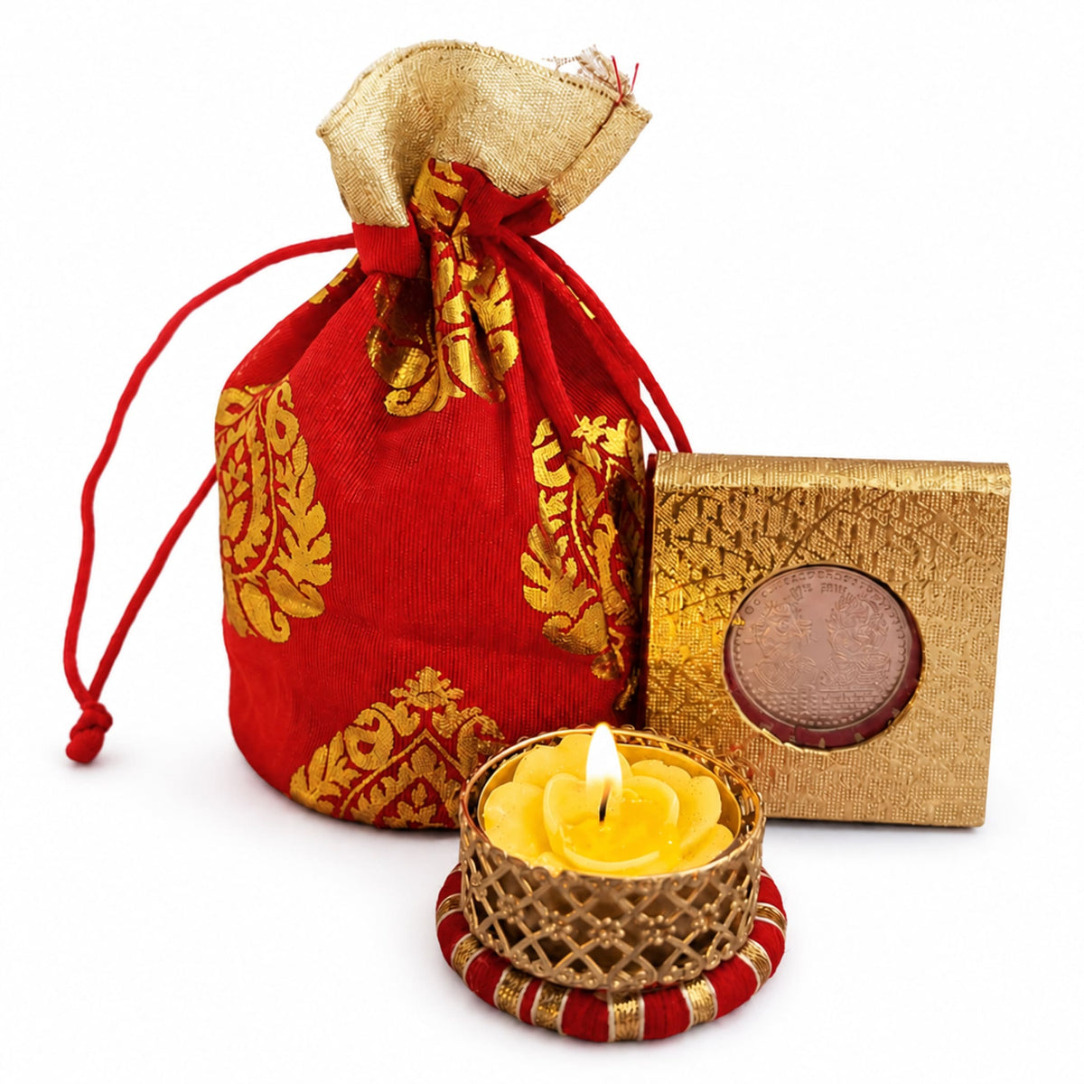 Red and gold embroidered brocade potli bag with intricate paisley patterns for diwali and navratri gift hampers