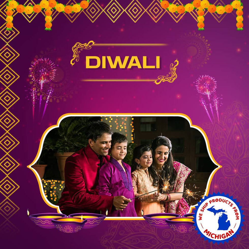 Diwali greeting card featuring a festive family photo and decorative elements.