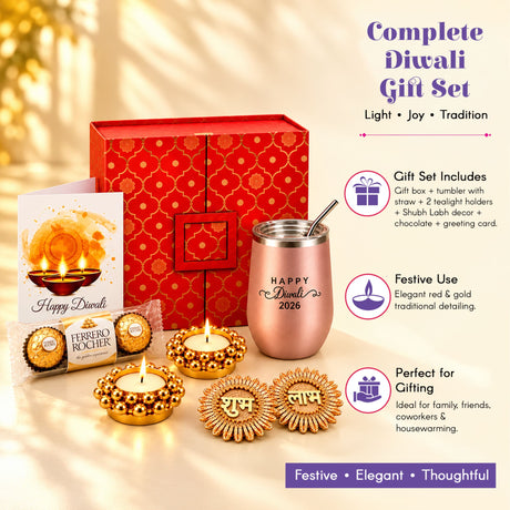 Rose gold stainless steel insulated tumbler engraved with happy diwali 2026 in black script in diwali gift box set