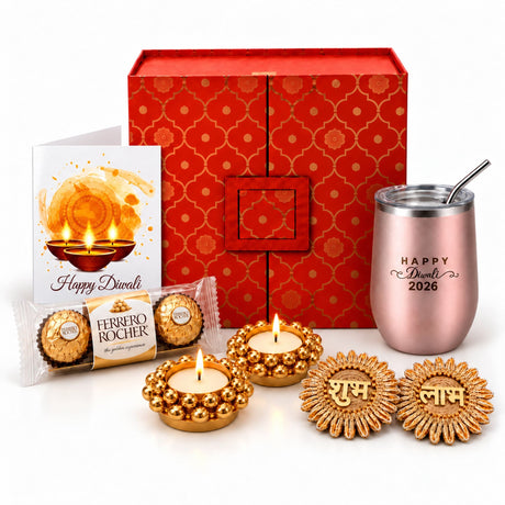 Rose gold insulated stainless steel tumbler with straw engraved happy diwali 2026 in diwali gift box set