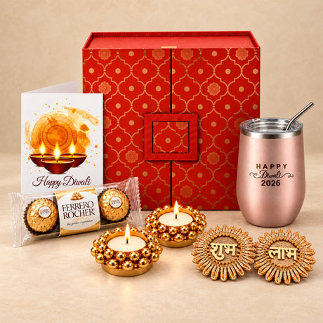 Rose gold insulated stainless steel tumbler with straw engraved happy diwali 2026 in diwali gift box set