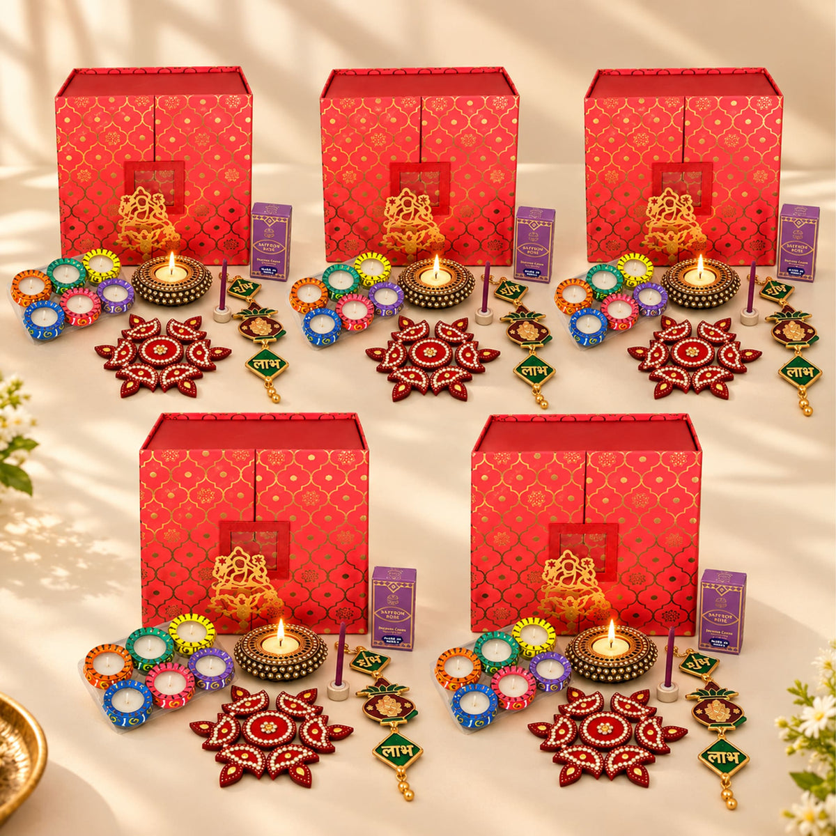 Red patterned boxes featuring festive diwali diyas and decorative items in an indian festival gift hamper