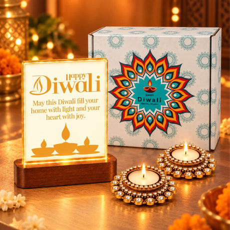 Golden illuminated happy diwali acrylic led table lamp with wooden base in festive gift hamper for family and friends