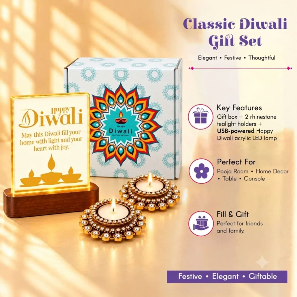 Golden rhinestone-edged tealight holders with a warm glowing led lamp in a festive diwali gift hamper set