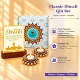 Golden rhinestone-edged tealight holders with a warm glowing led lamp in a festive diwali gift hamper set