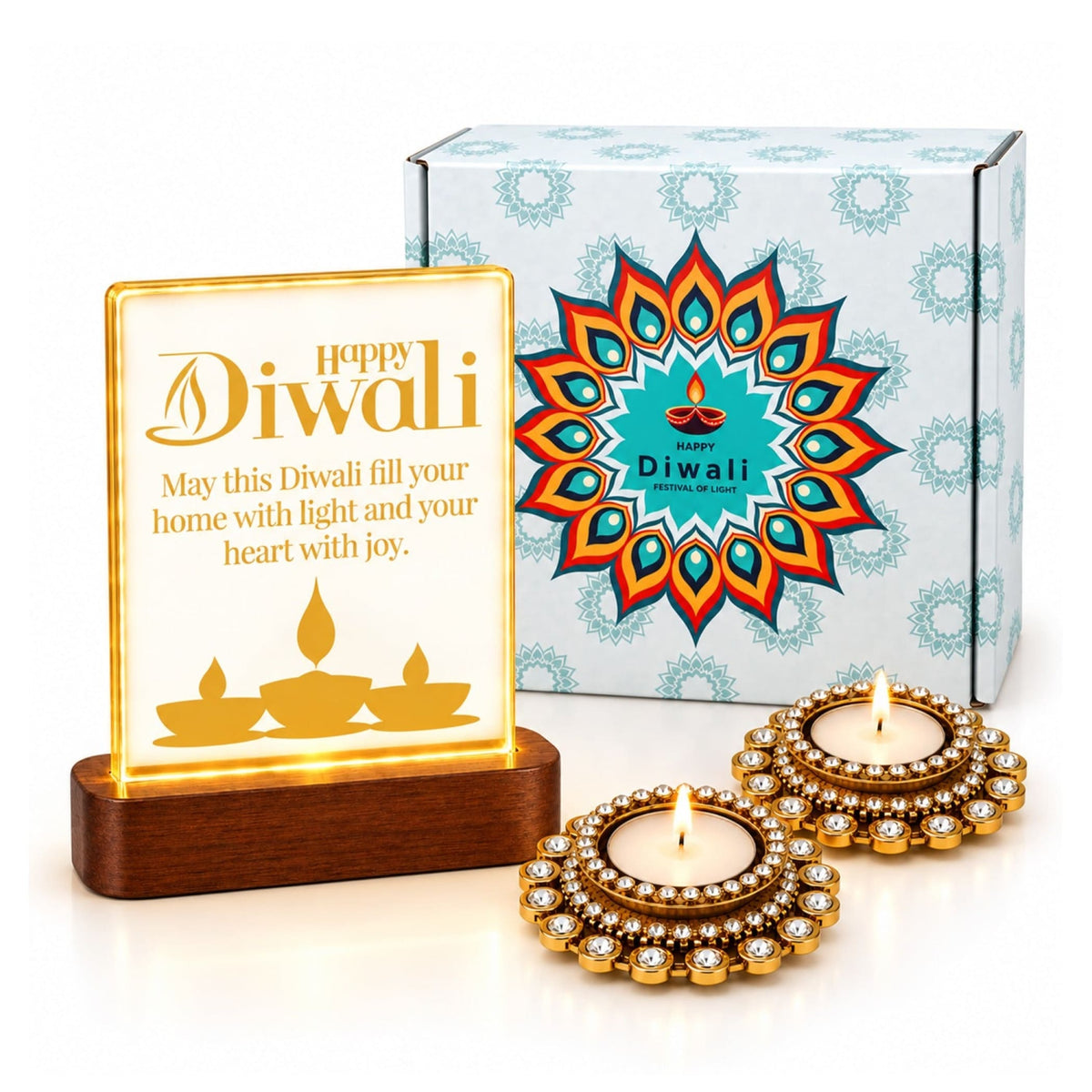 Golden led diwali light box with happy diwali engraving and candle silhouettes on dark wood base in festive gift set