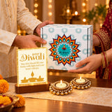 White diwali gift box with vibrant multicolored mandala and diwali text in festive indian gift hamper set