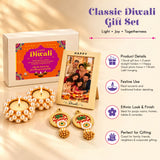 Classic diwali gift hamper with white box, orange purple happy diwali design, pearl tealight holders, wooden photo frame, shubh labh ornaments