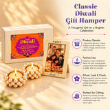 Elegant cream-colored acrylic photo frame with happy diwali inscription, decorative border, holding family portrait in festive gift set