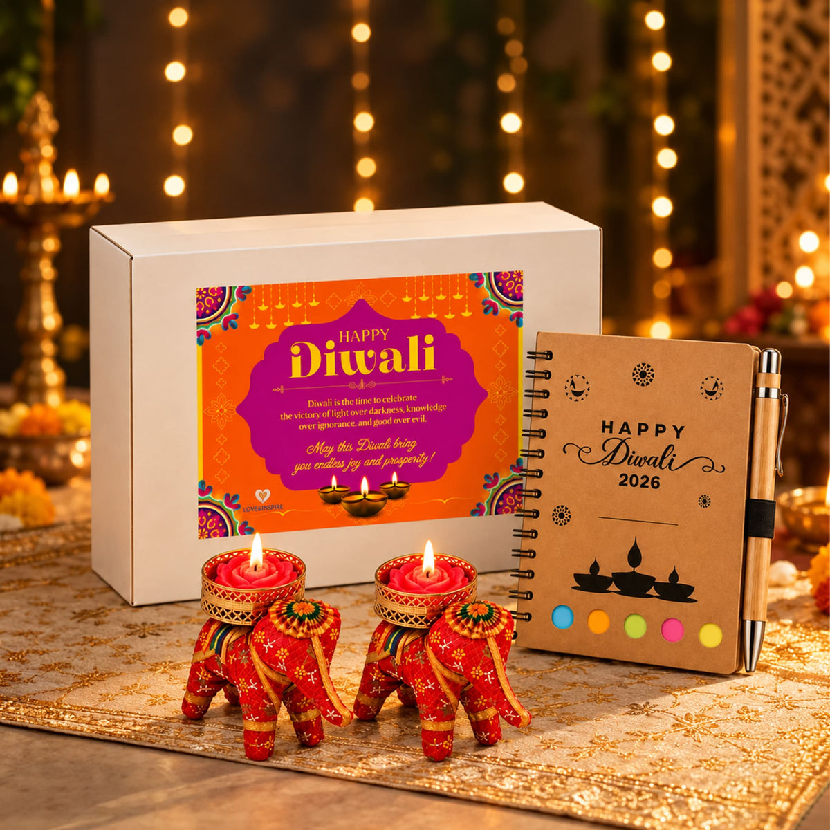 Red elephant-shaped tealight candle holders with gold and green patterns in diwali gift hamper for family and friends