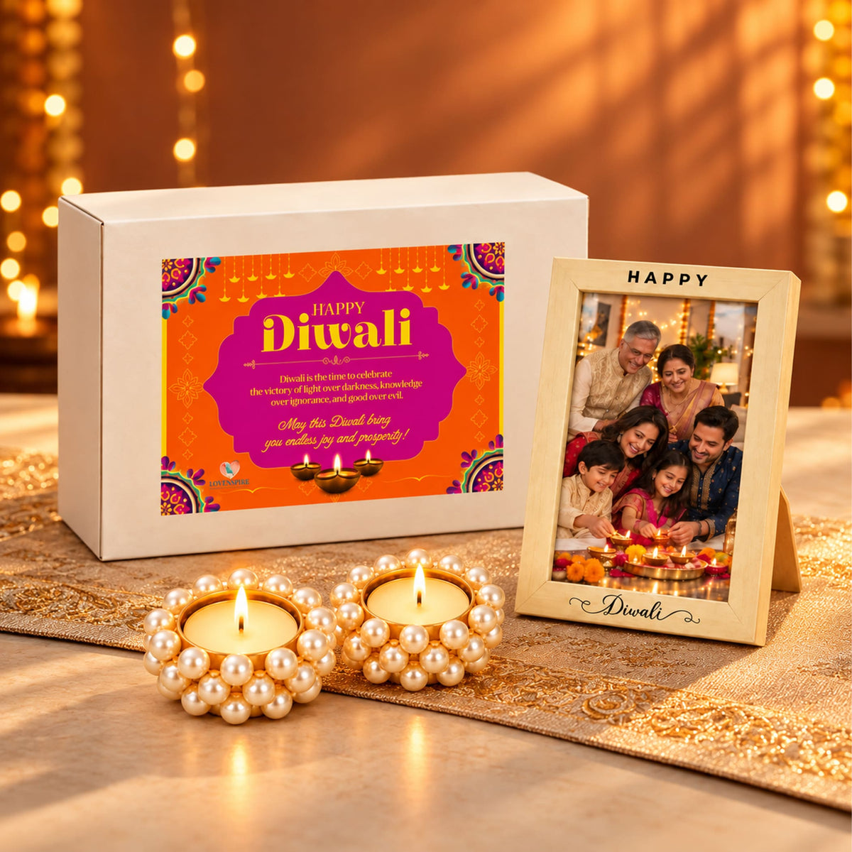Pearl-encrusted white tealight candle holders with lit candles in a customizable diwali gift hamper set