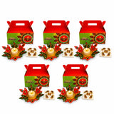 Diwali gift hamper featuring red and green happy diwali gable boxes with decorative red gold and green floral candle holders