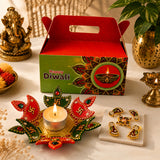 Red and green decorative Diwali diya holder with intricate floral design swastika symbols and gemstone accents for festival gifts