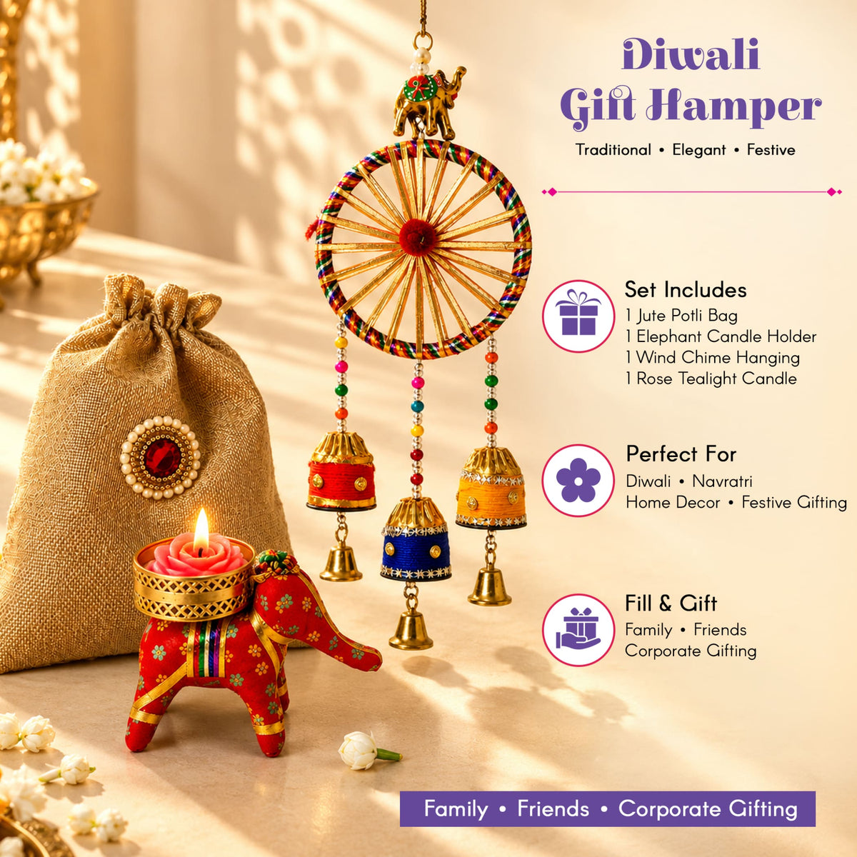 Colorful wind chime with golden elephant and red yellow blue bells in jute potli bag for diwali gift hamper