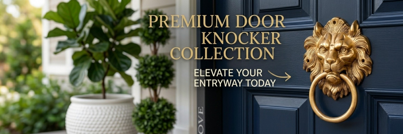 Advertisement for a premium door knocker collection with a gold lion-shaped knocker on a dark blue door.