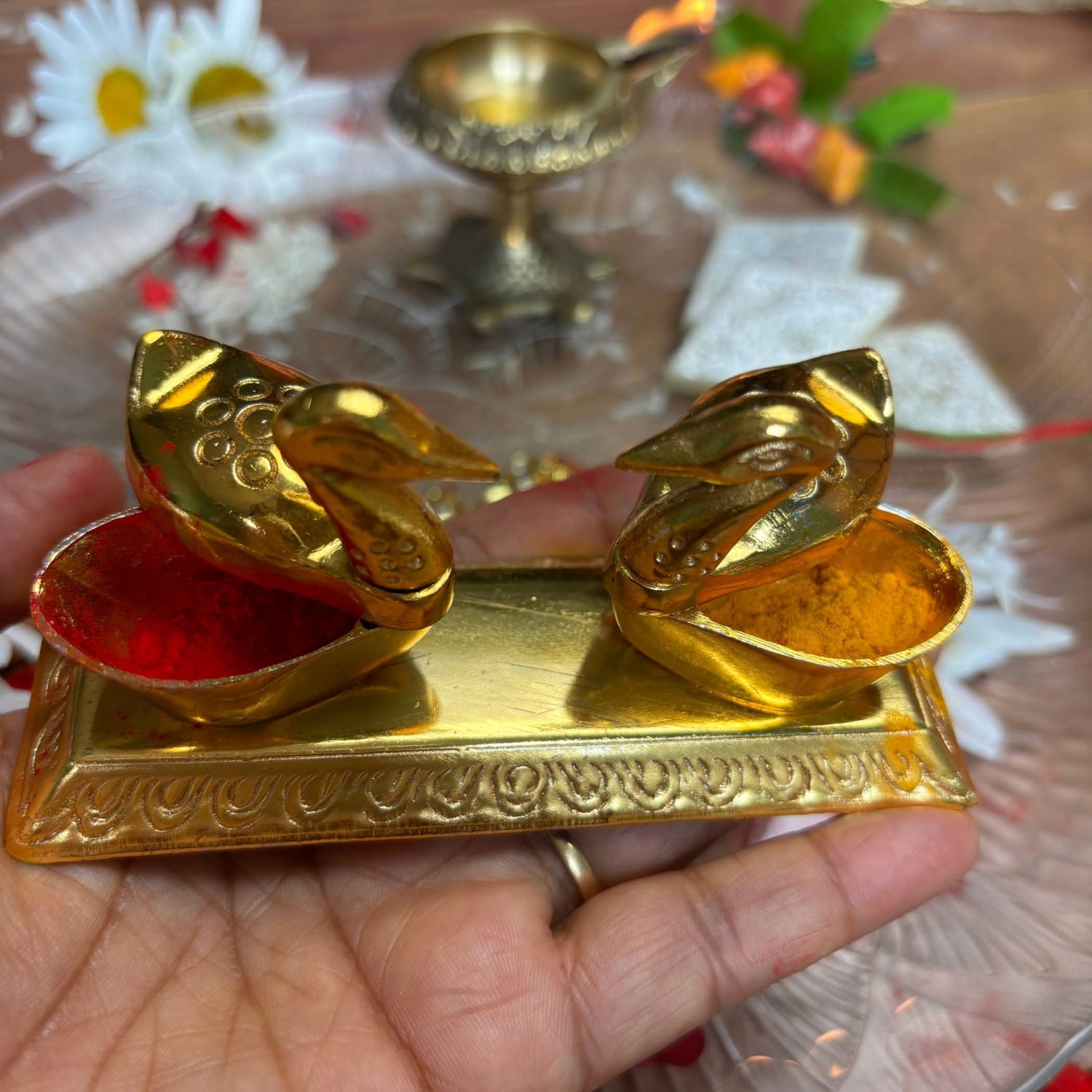 Double Duck Golden Chopra, Pooja Favor, Diwali Gift, Diwali Favor, Deewali Decor, Haldikumkum Plate, Pooja Return Gift, Pooja Item - LoveNspire