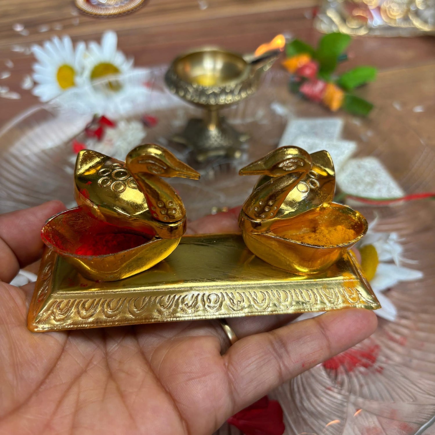 Double Duck Golden Chopra, Pooja Favor, Diwali Gift, Diwali Favor, Deewali Decor, Haldikumkum Plate, Pooja Return Gift, Pooja Item - LoveNspire