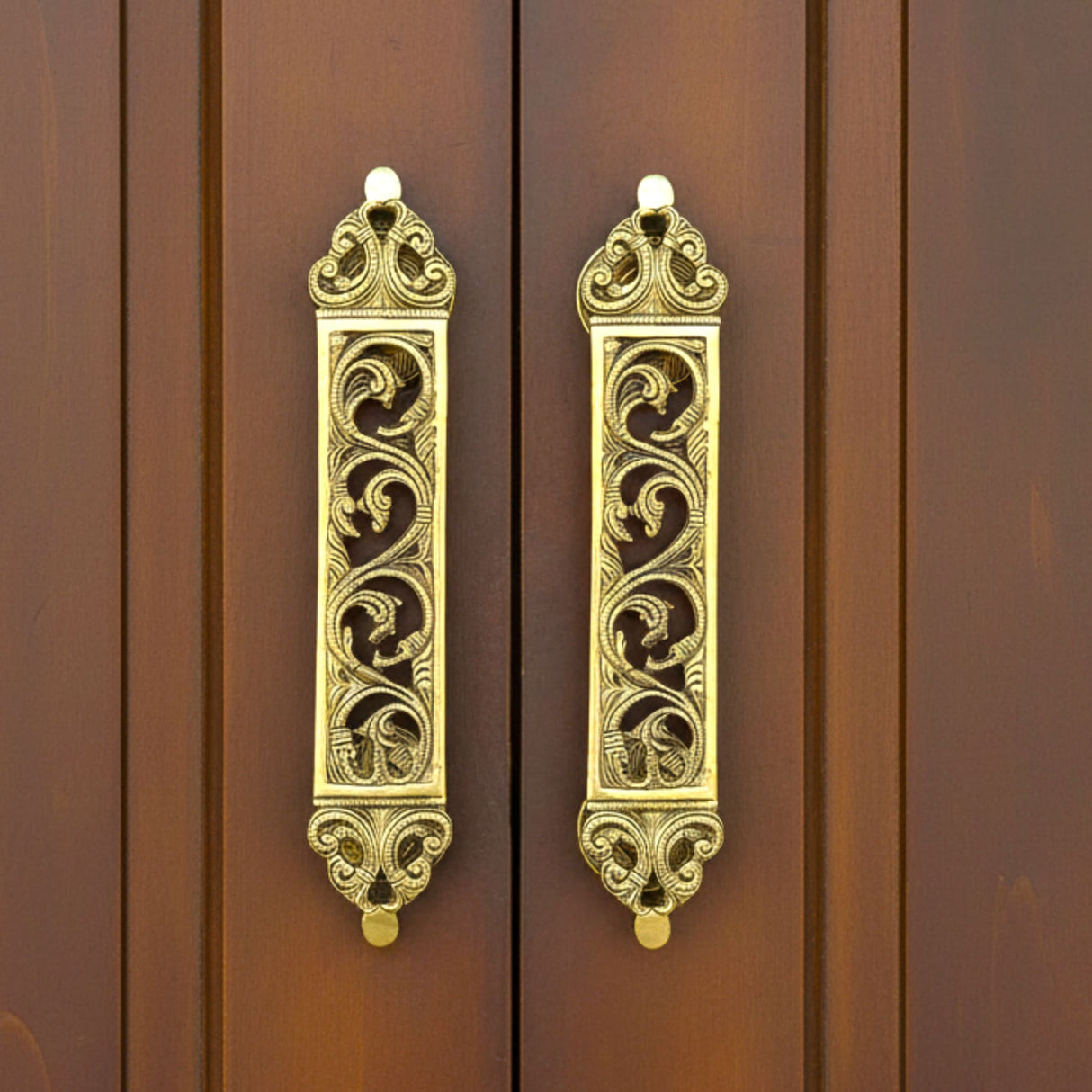 Pair of ornate antique gold brass door pulls with scrollwork 11.7 inches