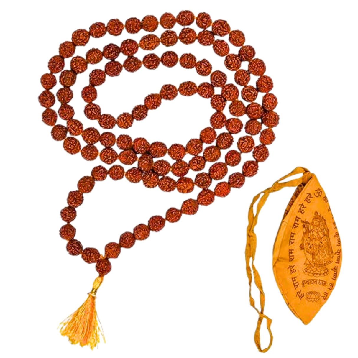 5 face Rudraksha mala with gomukhi japa bag, 108+1 reddish-brown beads, yellow tassel