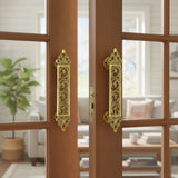Pair of antique gold brass door pull handles 11.7 inches engraved scrollwork