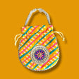 Vibrant Eid chiffon face mask pouch in yellow, teal, pink stripes with embroidered design