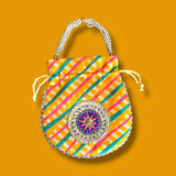 Vibrant Eid chiffon face mask pouch in yellow, teal, pink stripes with embroidered design