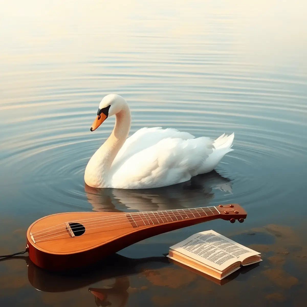 A white swan glides on calm water, surrounded by a veena and sacred texts against a soft, natural background, evoking purity, knowledge, and creativity.