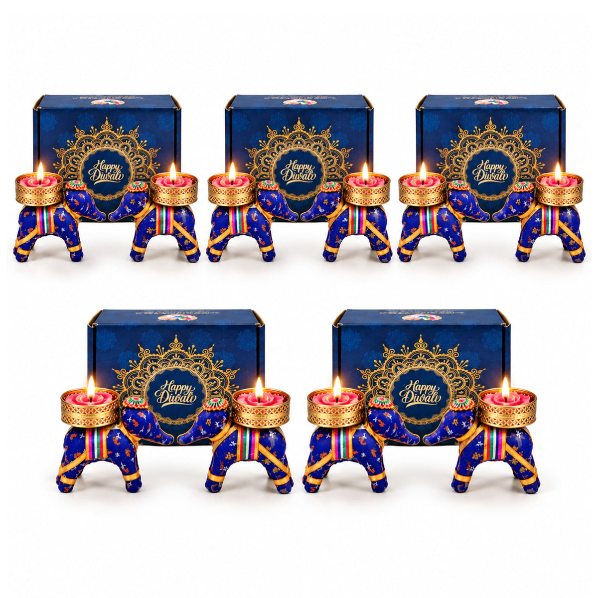Blue and gold elephant-shaped handmade Diwali candle holders with intricate designs for festive gifting and decor