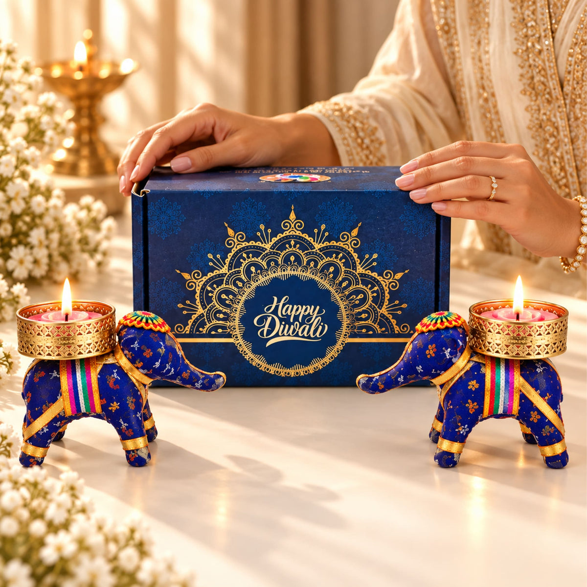 Blue and gold elephant-shaped candle holders with intricate patterns included in handmade diwali gift hamper for home office use