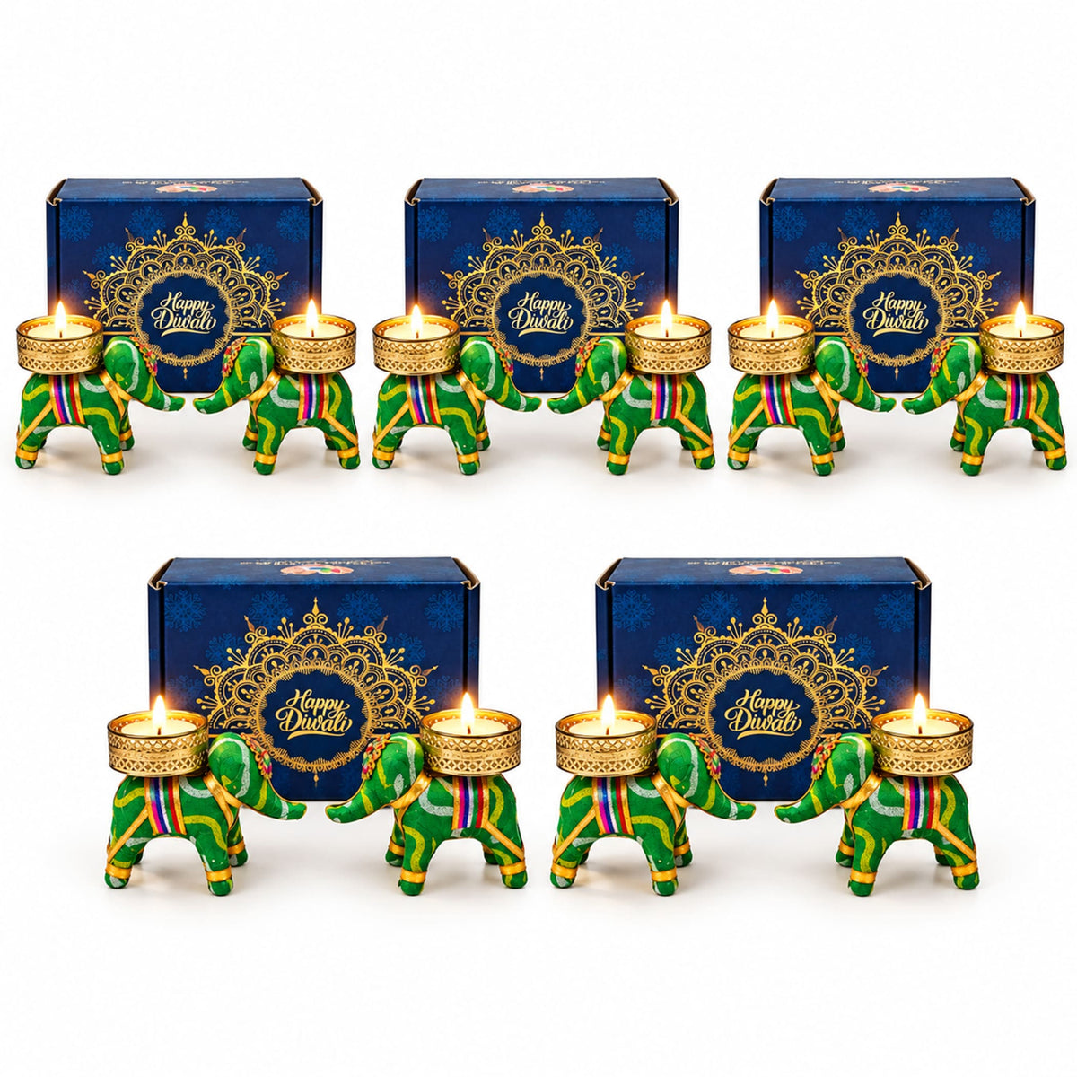 Green and gold elephant-shaped diwali candle holders with colorful striped accents for festive gift hampers