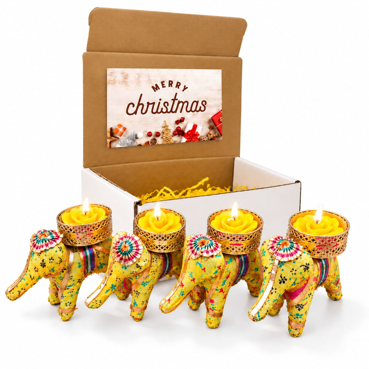Yellow elephant-shaped tealight candle holders with gold lace and colorful embroidery for festive gifting and pooja