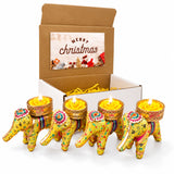 Yellow elephant-shaped tealight candle holders with gold lace and colorful embroidery for festive gifting and pooja