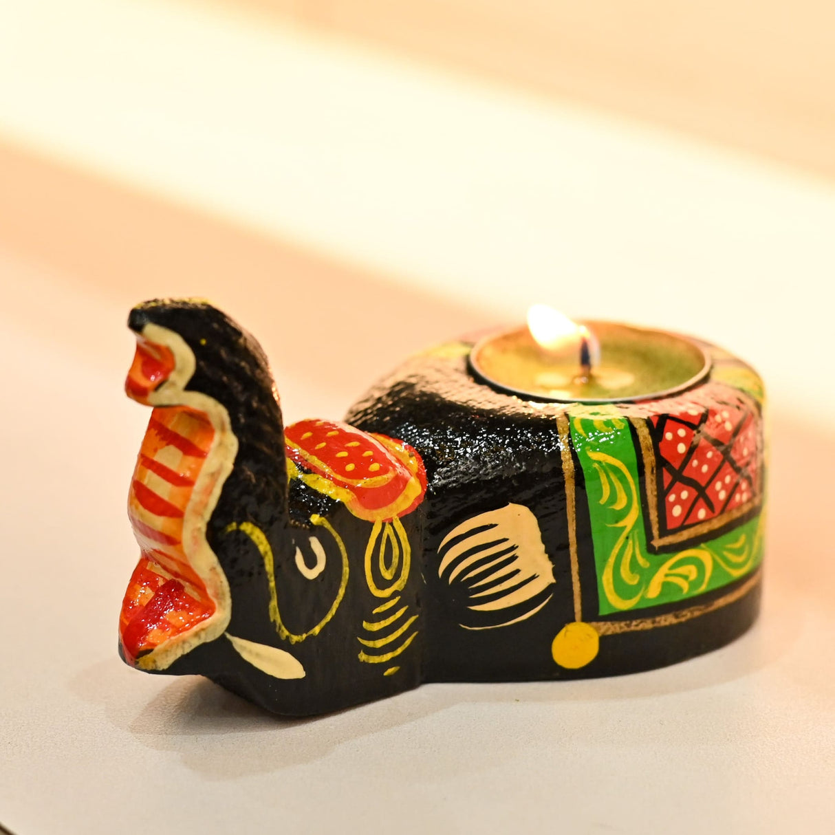 Wooden elephant tealight candle holder handpainted sitting