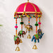 Elephant door hanging rajasthani wind chime with vibrant pink and gold dome, colorful beaded chains, painted elephants, and golden bells