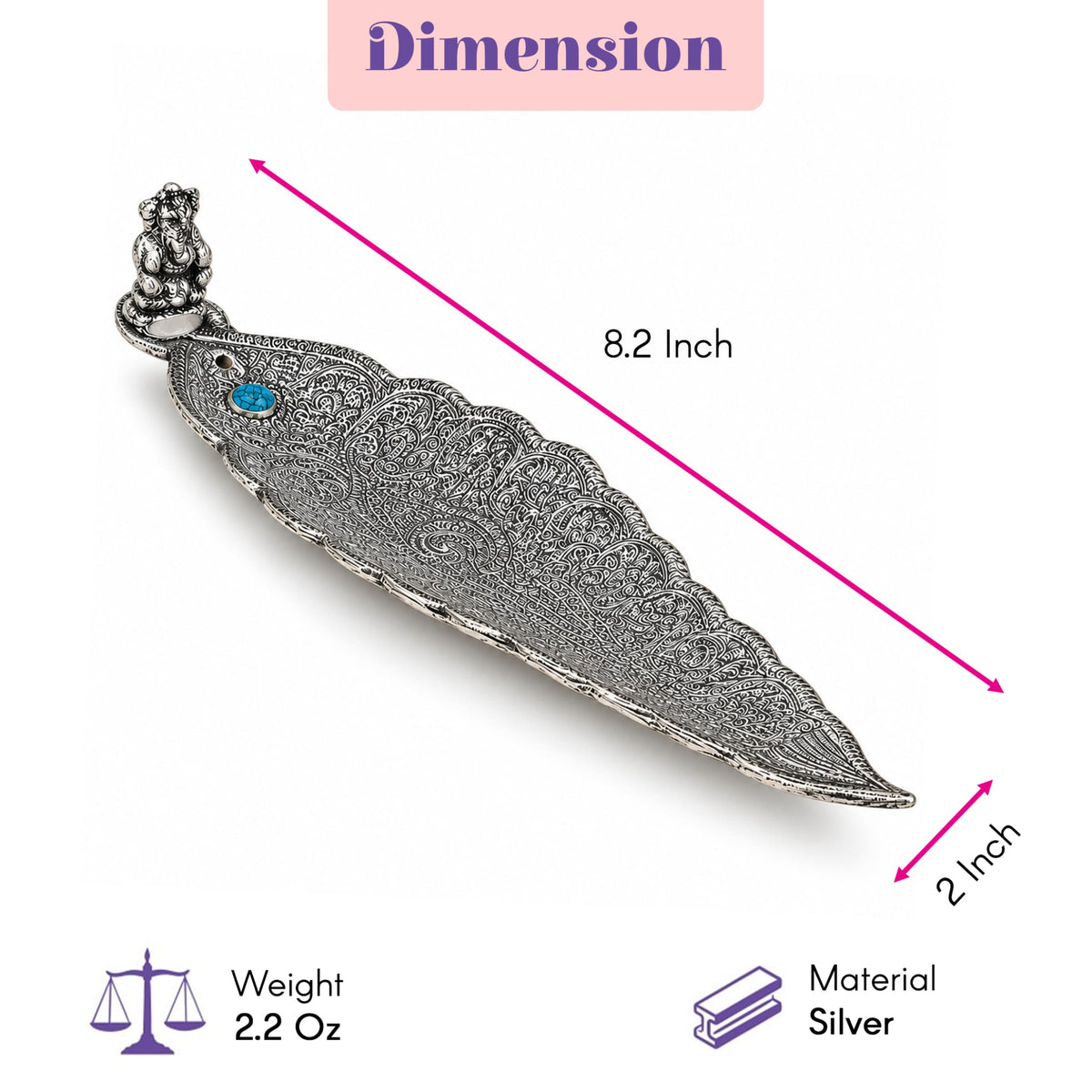 Silver leaf-shaped elephant incense holder with intricate filigree turquoise inlay and ornate figurine for pooja room and meditation